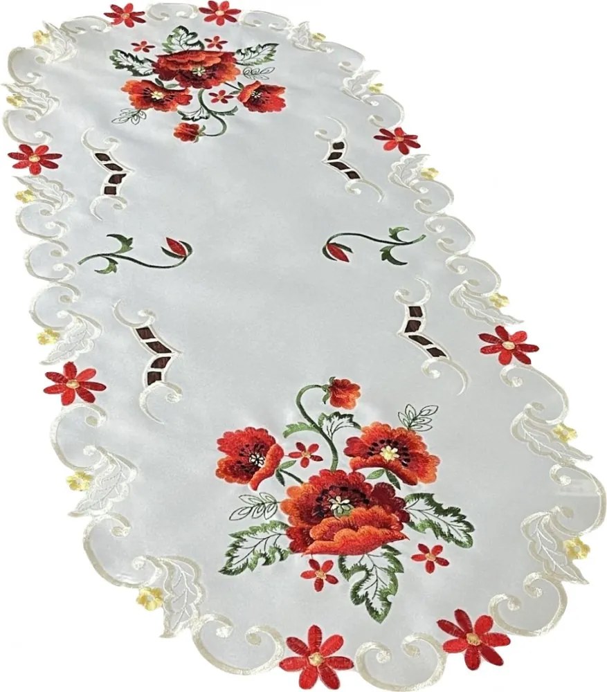 Traversa pentru masa centrală cu broderie frumoasă de maci în culoarea crem Lățime: 40 cm | Lungime: 160 cm