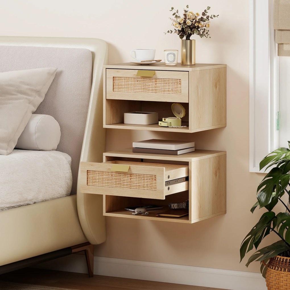 HOMCOM Set de 2 Noptiere Suspendate cu Sertar din Ratan Raft Deschis Economisire Spațiu 40x30x25 cm Stejar | Aosom Romania