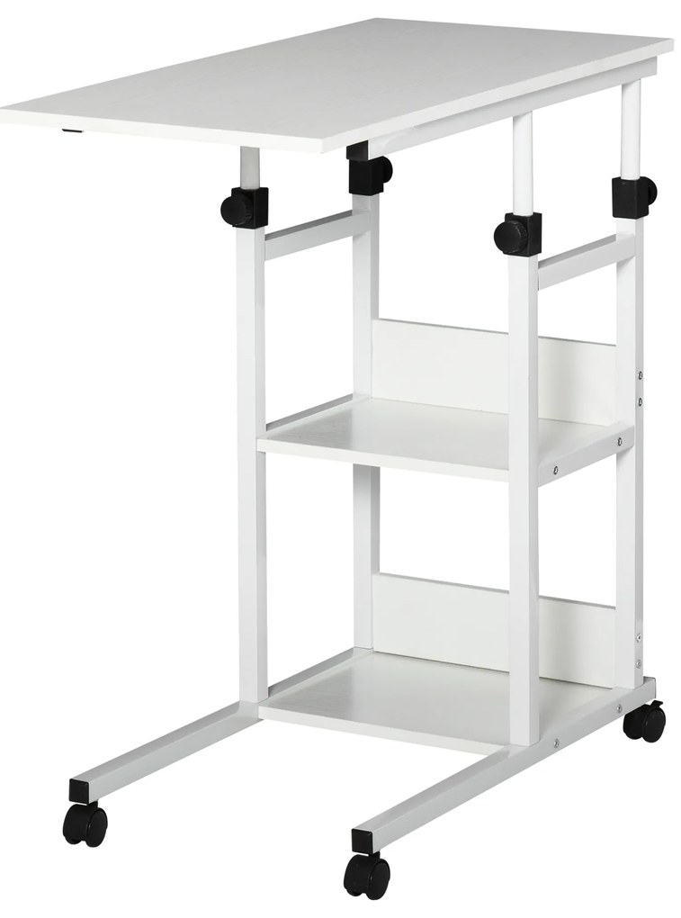 HOMCOM Masa auxiliară Masa rulantă Masa de pat pentru Laptop Înălțime reglabilă - 2 rafturi integrate - cadru metalic Alb | Aosom Romania