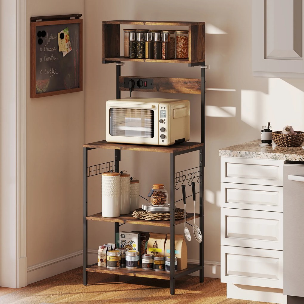 HOMCOM Raft de bucătărie, raft vertical cu 5 cârlige în S, 5 rafturi, priză, din oțel, Maro-rustic, 60 x 42 x 153 cm | Aosom Romania