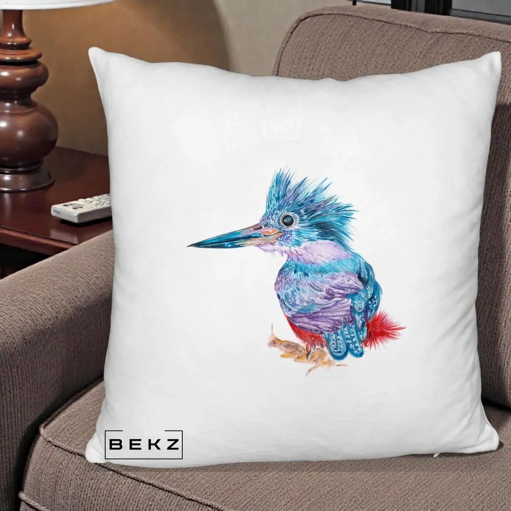 Perna Decorativa Pasare Martin Pescar Acuarela Albastru-Mov, 40x40 cm, Alb Pufos, Husa Detasabila, Perna Inclusa, BEKZ®