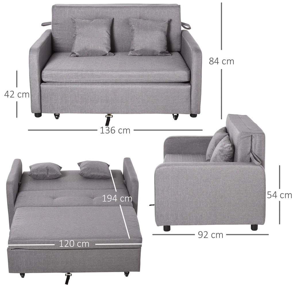 HOMCOM Canapele Extensibile Canapea Extensibilă 2 în 1 cu Depozitare, 136x92x84 cm, Gri | Aosom Romania