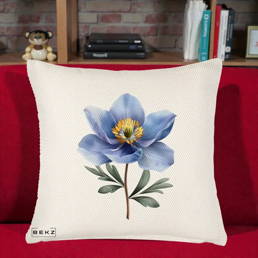 Perna Decorativa Anemona Albastra Botanica, 40x40 cm, Crem Reliefat, Husa Detasabila, Perna Inclusa, BEKZ®