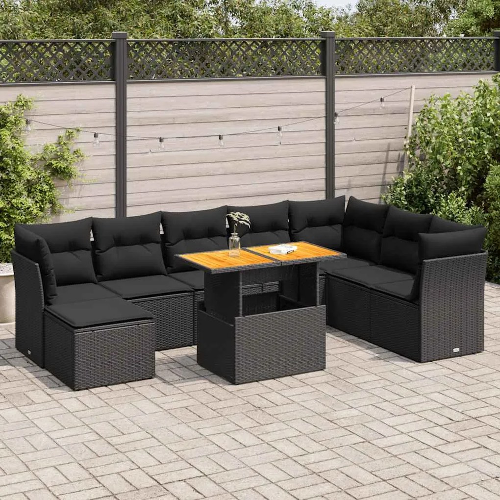 3326960 vidaXL Set mobilier de grădină cu perne, 9 piese, negru, poliratan