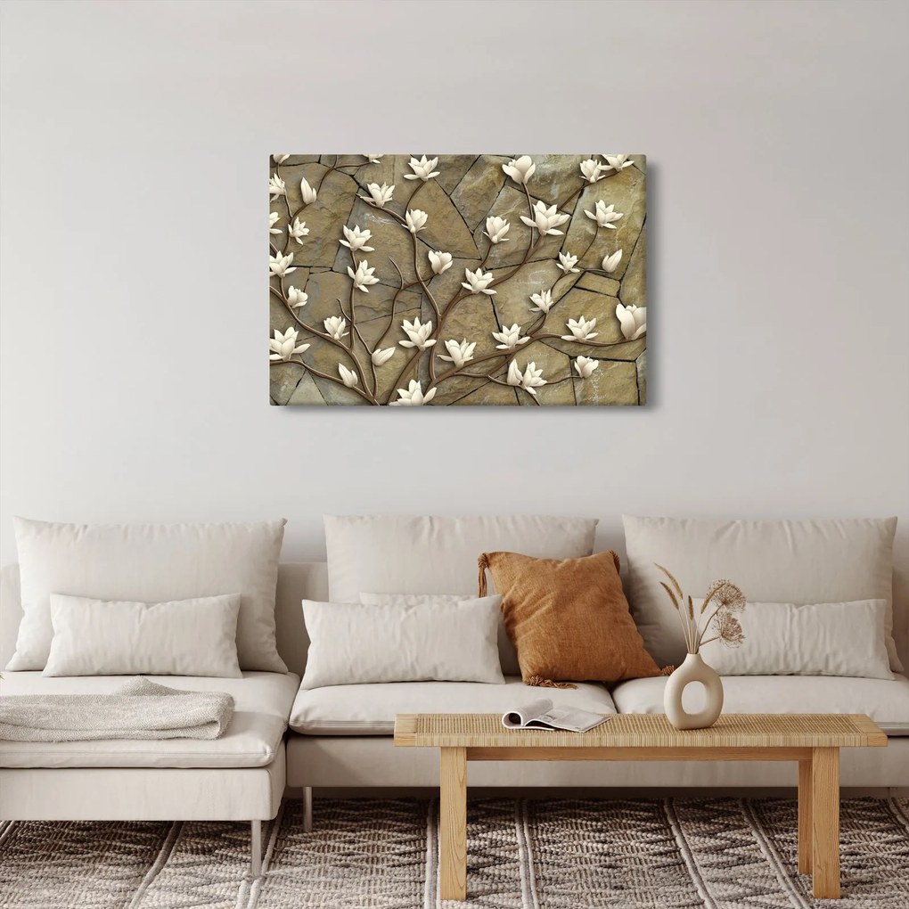 Tablou - Magnolii albe pe zidărie de piatră (90x60 cm)