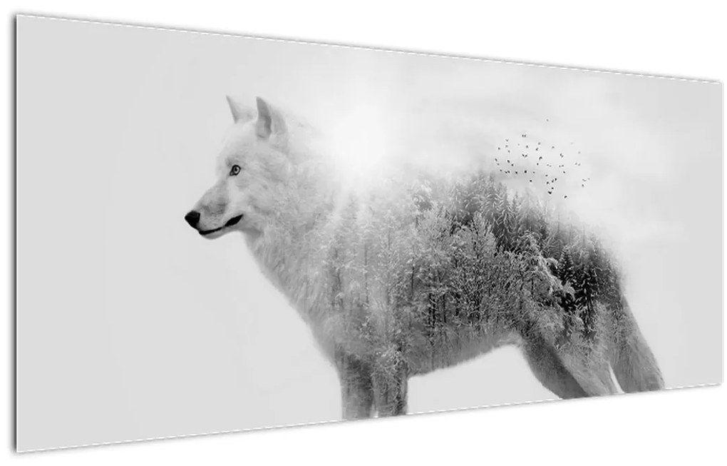 Tablou - Lupul arctic oglindit în peisajul sălbatic, alb-negru (120x50 cm)