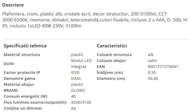 Plafoniera LED dimabila cu telecomanda DANI 40W