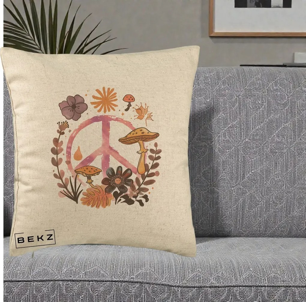 Perna Decorativa Peace Ciuperci Boho, 40x40 cm, Bej, Husa Detasabila, Perna Inclusa, BEKZ®