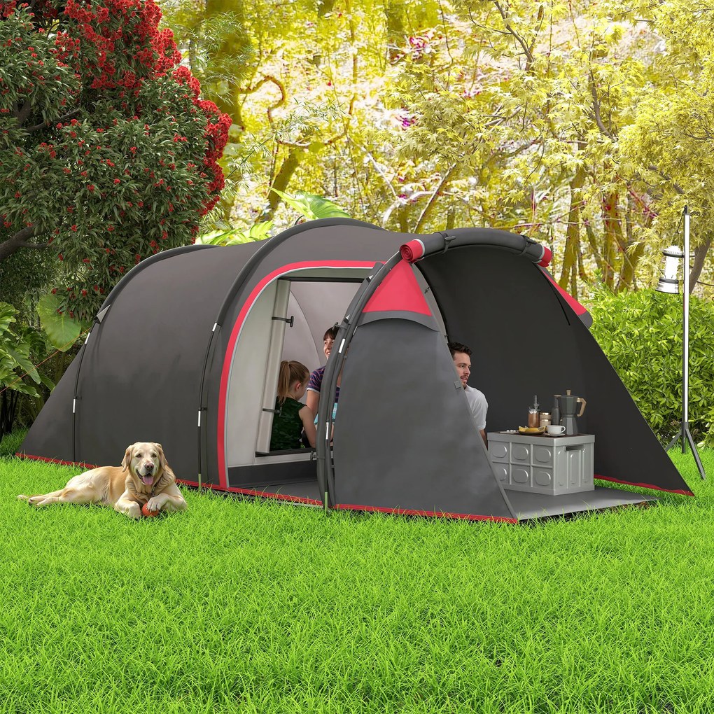 Outsunny Cort pentru Camping 2 Locuri cu Vestibul Mare, Cort Impermeabil Usi cu Fermoar, 426x206x154cm Gri | Aosom Romania