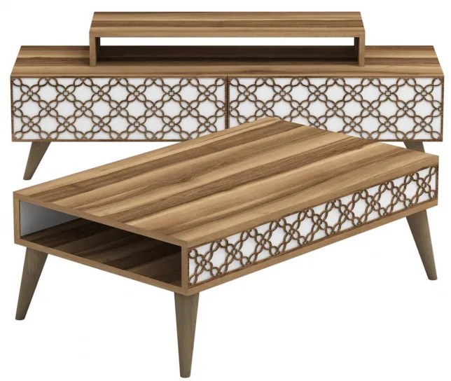 Set Comoda TV si Masuta de Cafea Living City Walnut-Alb