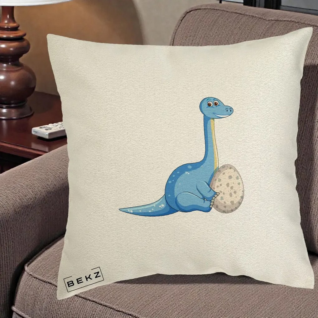 Perna Decorativa Brontosaur cu Ou, 40x40 cm, Ecru, Husa Detasabila, Perna Inclusa, BEKZ®