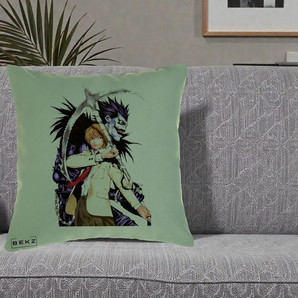 Perna Personalizata Death Note Light si Ryuk Duo, 40x40 cm, Verde, Husa Detasabila, Perna Inclusa, BEKZ®