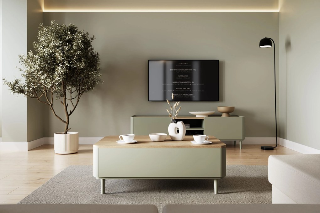 Masă de cafea Amilio 100 cm cu sertare pe picioare - eucalipt / stejar Baltic Dune