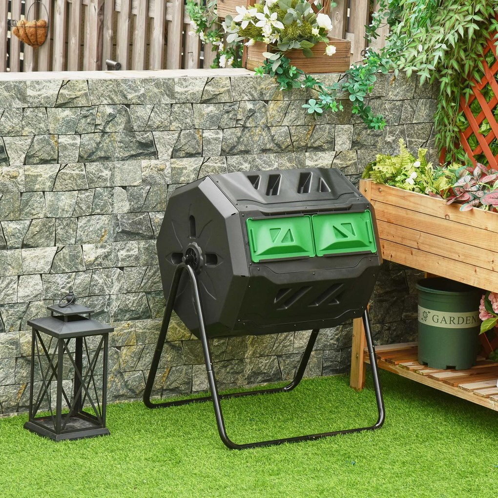 Outsunny Compostor Rotativ cu 2 Secțiuni și 8 Prize de Aerisire din Oțel și PP, 160L, 71x65x96 cm, Gri | Aosom Romania