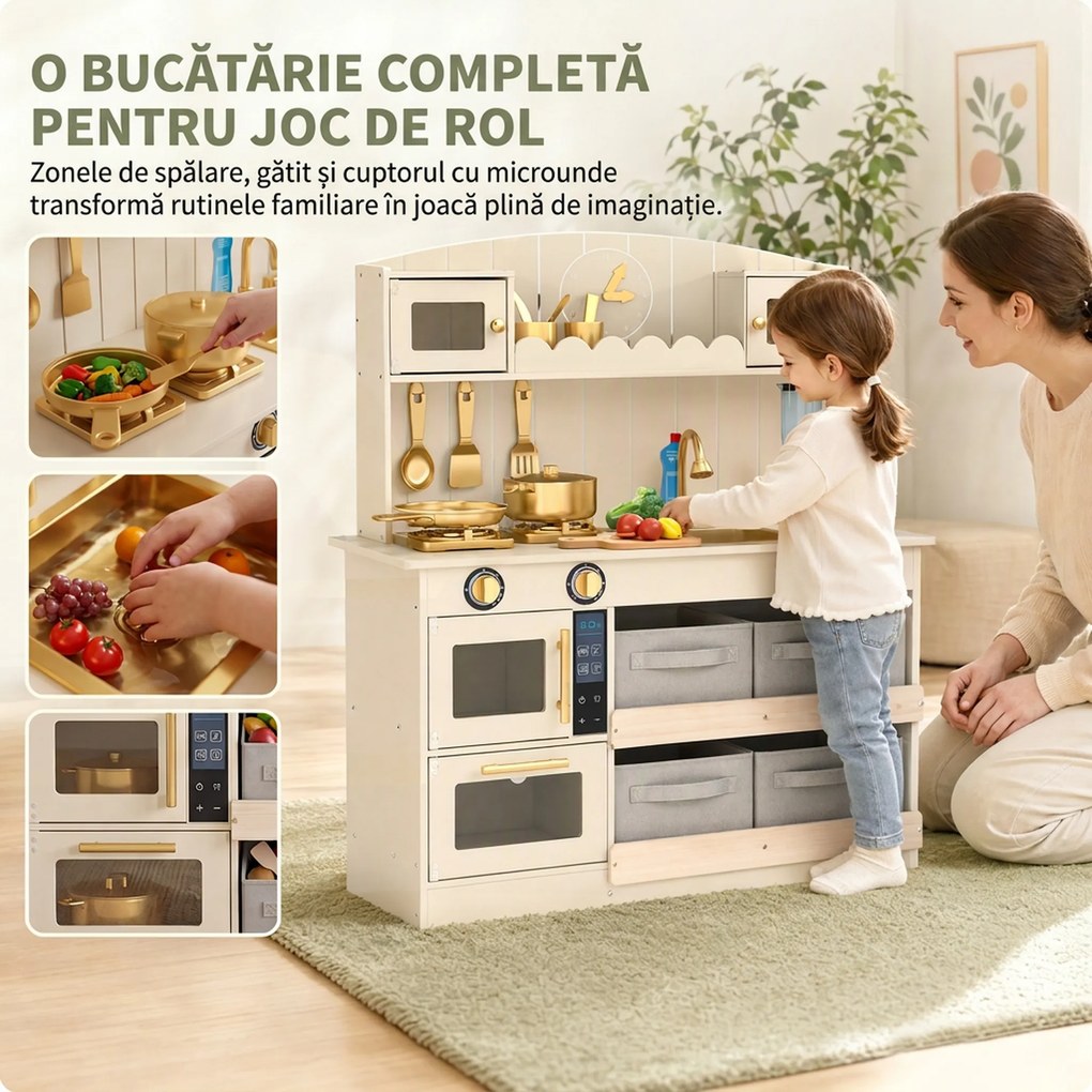 AIYAPLAY Bucătărie de Jucărie pentru Copii din Lemn, cu Lumini și Sunete, 4 Sertare din Material Textil, 12 Accesorii, Cadou, 3-6 Ani | Aosom Romania