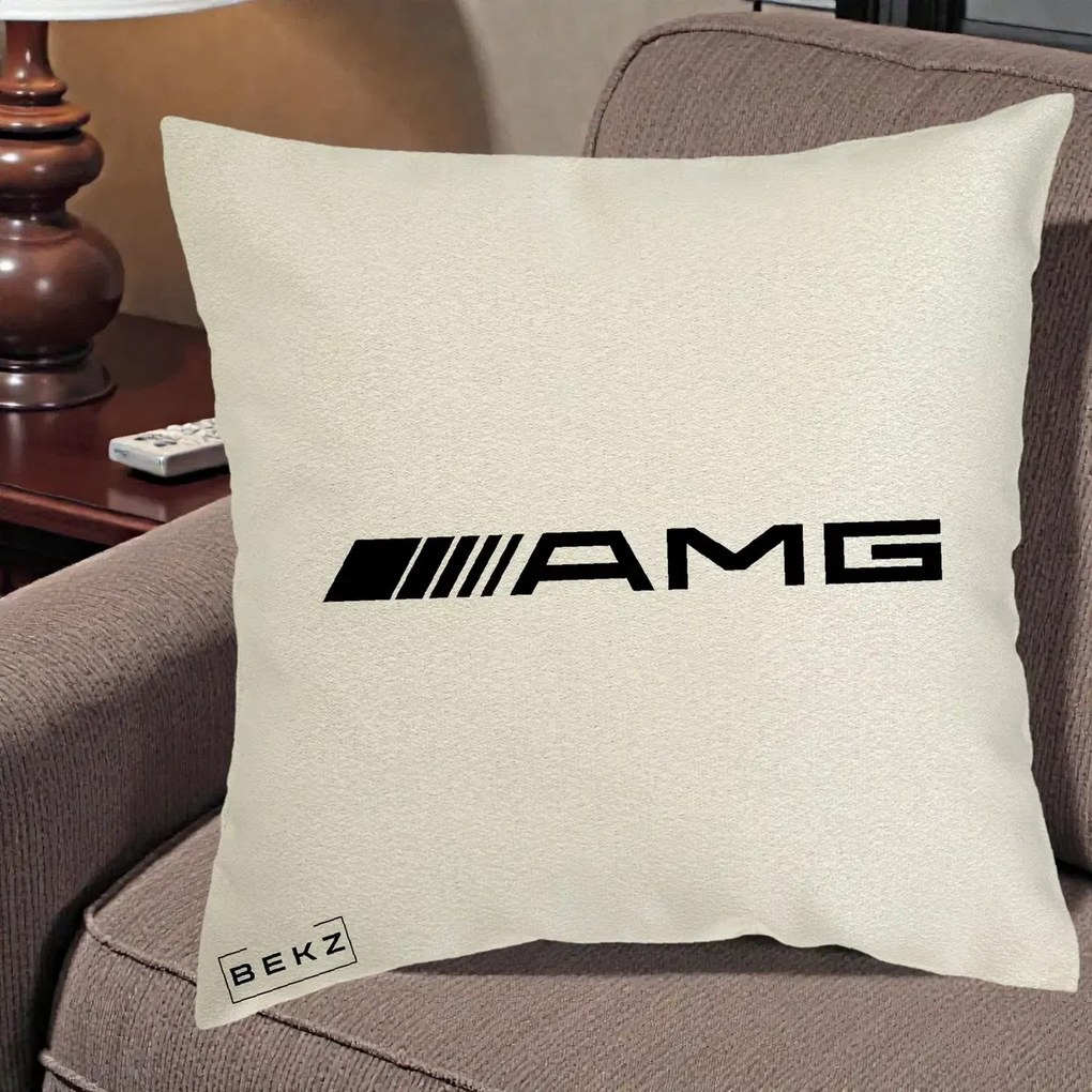 Perna Personalizata cu emblema Mercedes-AMG, 40x40 cm, Ecru, Husa Detasabila, Perna Inclusa, BEKZ®