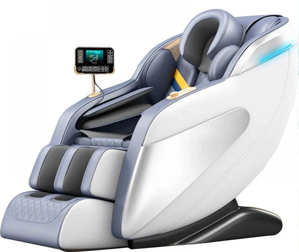 Fotoliu de masaj LUCIUS, cu Incalzire, Bluetooth, Display, Ecran tactil, Controler rapid cotiera, dispozitiv incarcare USB, Zero Gravity, 2 Boxe, Moduri Automate, Suport Picioare extensibil, Piele PU Premium, Alb
