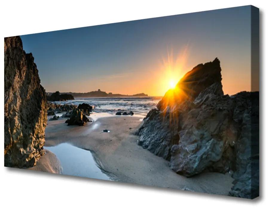 Tablou pe panza canvas Rock Sun Beach Peisaj Gri Maro Galben
