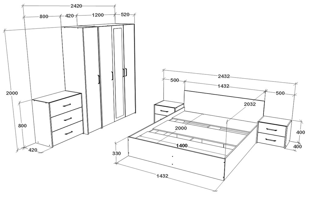 Set dormitor Malmo haaus V8, Pat 200 x 140 cm, Stejar Alb/Antracit