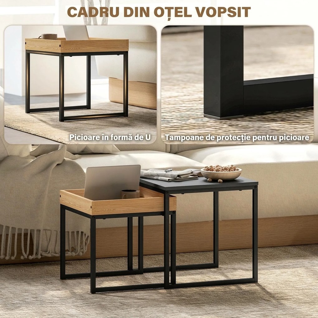 HOMCOM Set 2 Măsuțe de Cafea Moderne cu Picioare în Formă de U, Măsuțe de Sufragerie din Lemn și Oțel, 40x40x40 cm, Negru | Aosom Romania