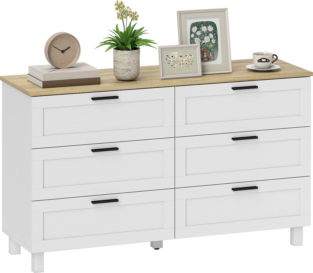 HOMCOM Comodă 6 sertare, corp de depozitare cu picioare din lemn de pin, stil modern, 120 x 38 x 71 cm, lemn natural și alb | Aosom Romania