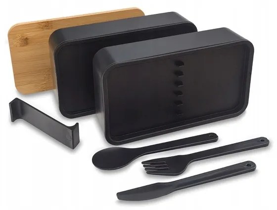 Cutie de pranz DUO LUNCH cu tacamuri, negru/bambus