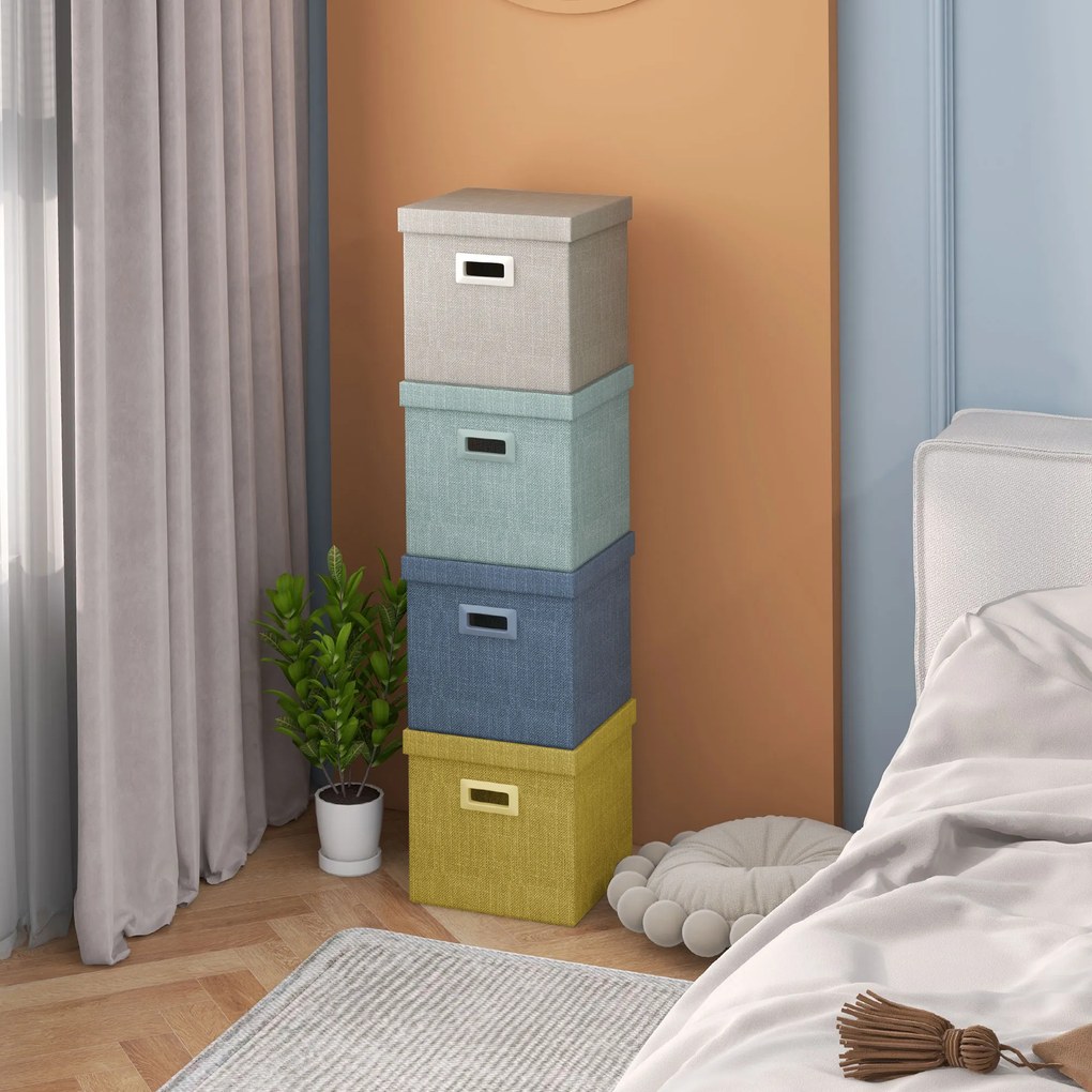 HOMCOM Set de 4 Cutii pentru Dulap din Țesătură cu Capac, Organizator Pliabil pentru Dulap, 30x30x29 cm, Multicolor | Aosom Romania