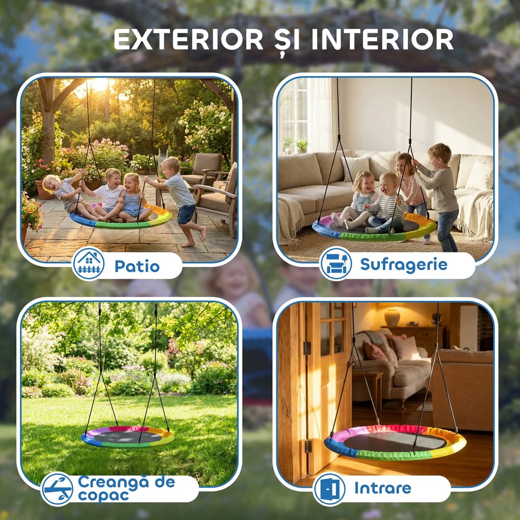 AIYAPLAY Leagăn de Copac, Leagăn Tip Cuib pentru Copii Ø120 cm cu Frânghii Reglabile și Curele, Joacă în Aer Liber pentru Copii 3-8 Ani, Capacitate 300 kg, Multicolor | Aosom Romania