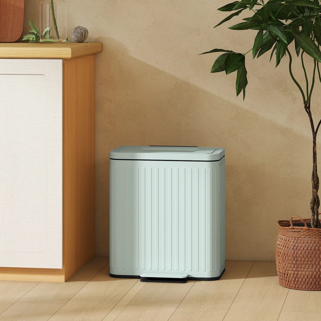 HOMCOM Coș de gunoi pentru bucătărie, 2 x 20 L compartimente, separare eficientă a deșeurilor, pedală, Plastic, Metal, Verde | Aosom Romania