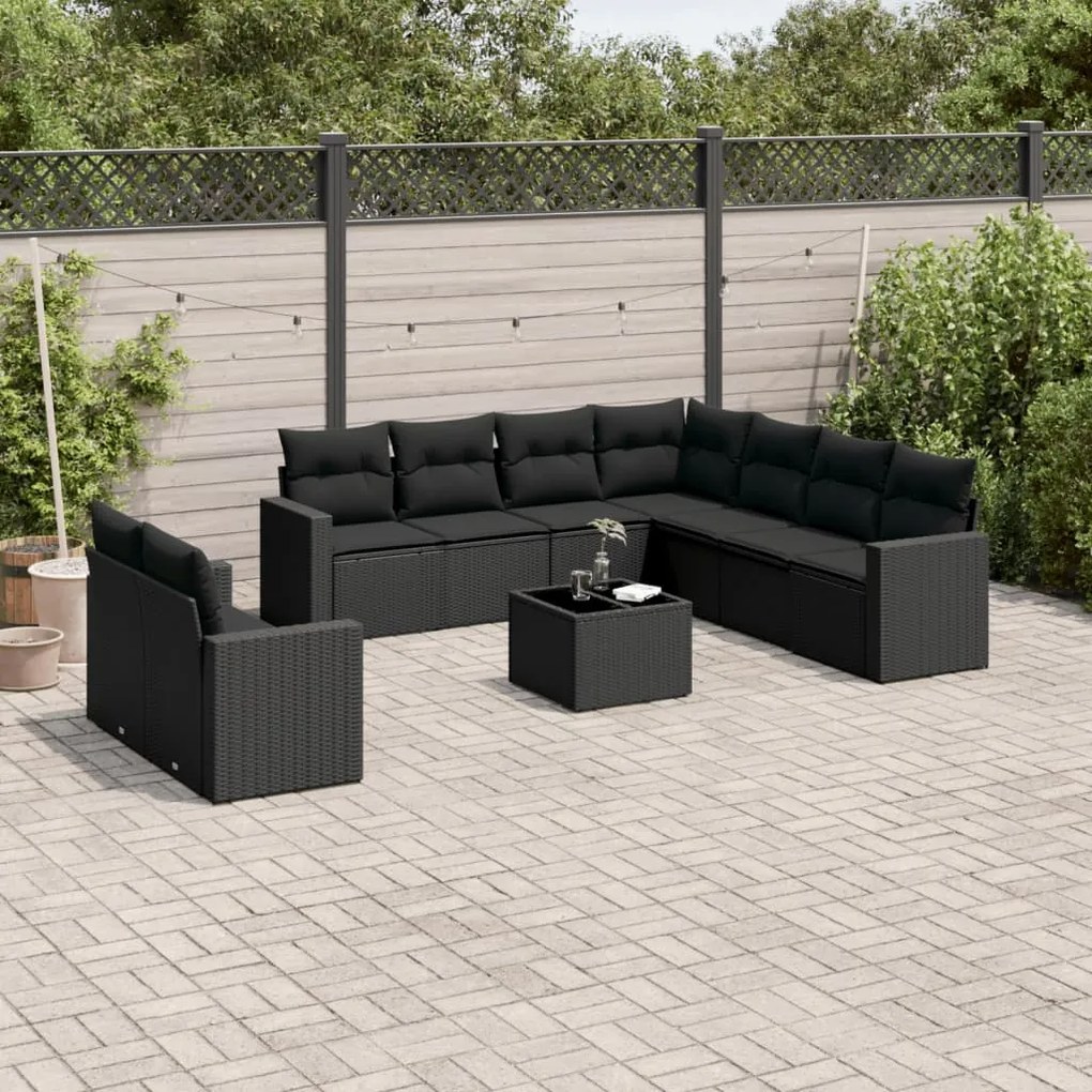 vidaXL Set canapele de grădină cu perne, 10 piese, negru, poliratan