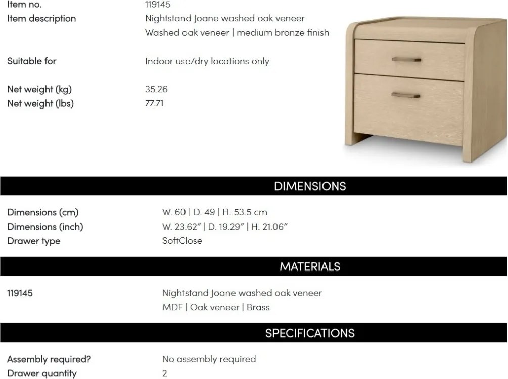 Noptiera design LUX, Furnir de stejar albit, Joane