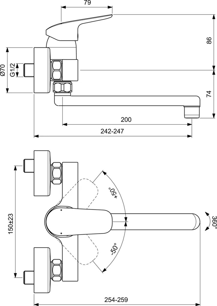 Baterie de bucatarie Ideal Standard Ceraflex, 1/2'', montare pe perete, monocomanda, pivotanta, crom - B1730AA