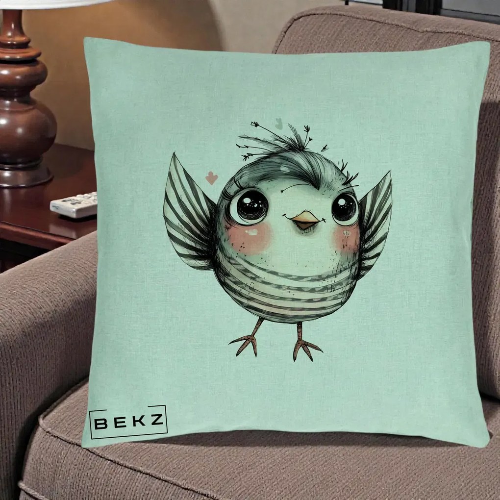 Perna Decorativa Pasare Gri cu Aripi si Inimioare, 40x40 cm, Verde Menta, Husa Detasabila, Perna Inclusa, BEKZ®