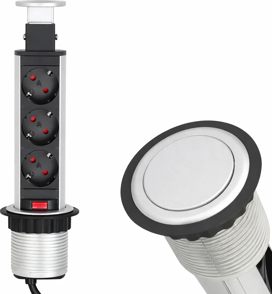 Priză încorporabilă în blat Lift Box Design Light, 3 prize Schuko, aluminiu, D:71 mm Plastic, D:71 mm; H:285 mm