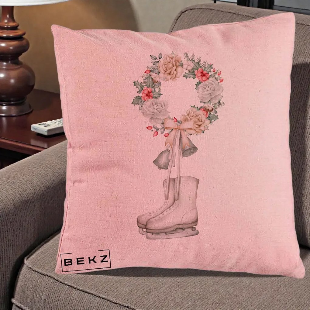 Perna Decorativa Patine cu Coroana Florala de Craciun, 40x40 cm, Roz, Husa Detasabila, Perna Inclusa, BEKZ®
