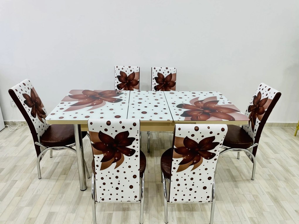 Set masa extensibila 130 / 170 x 80 cm cu 6 scaune, model 999