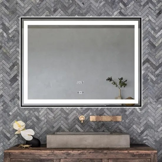 Oglindă Baie LED Elit's Premium cu Senzor de Miscare , Lumina Rece, Caldă și Neutră, 80x60cm, rama Neagra, Ceas
