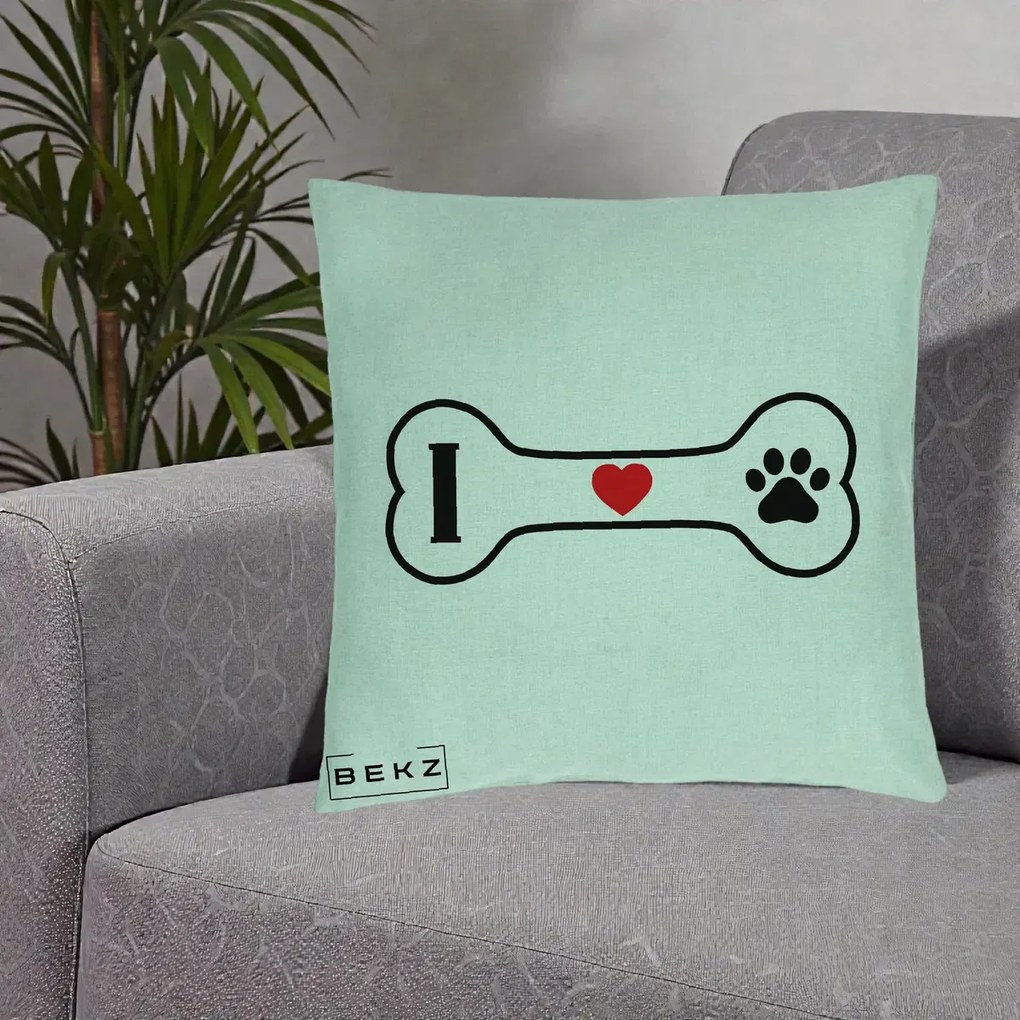 Perna Personalizata I Love Dog Os si Labuta, 40x40 cm, Verde Menta, Husa Detasabila, Perna Inclusa, BEKZ®