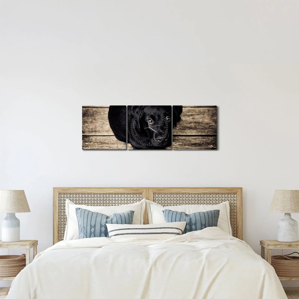 Tablou cu cățeluș negru (cu ceas) (90x30 cm)