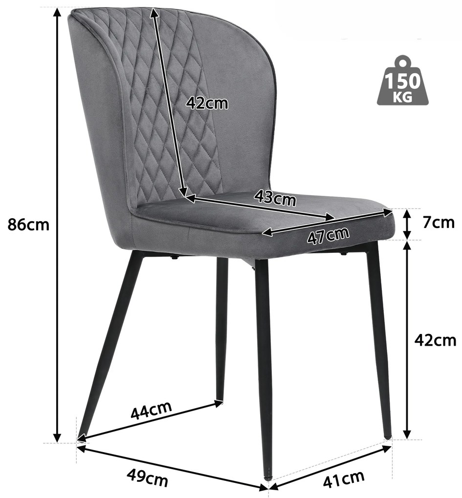 Set de 2 scaune tapițate pentru sufragerie din catifea cu spătar și structură din metal, 47x43x86 cm, Gri