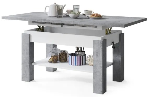 Masă extensibilă ADONIS, pentru living și dining, cu poliță, gri beton/alb