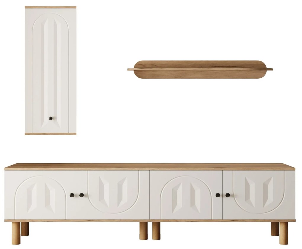 Set mobilier living 3 piese, compus din dulap înalt, comodă joasă și etajeră de perete, Culoare naturală