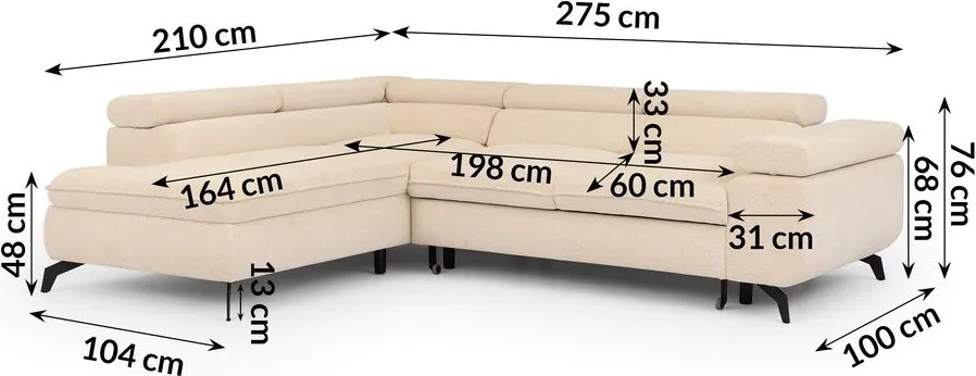 Colțar crem cu tapițerie din chenille (cu colț pe partea stângă/în formă de ”L”) Marbeya – Ropez