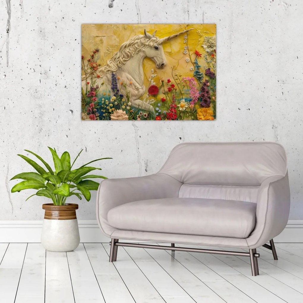 Tablou pe sticlă - Unicorn cu flori (70x50 cm)