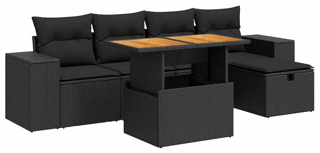 3328077 vidaXL Set mobilier grădină perne 6 piese negru poliratan/lemn acacia