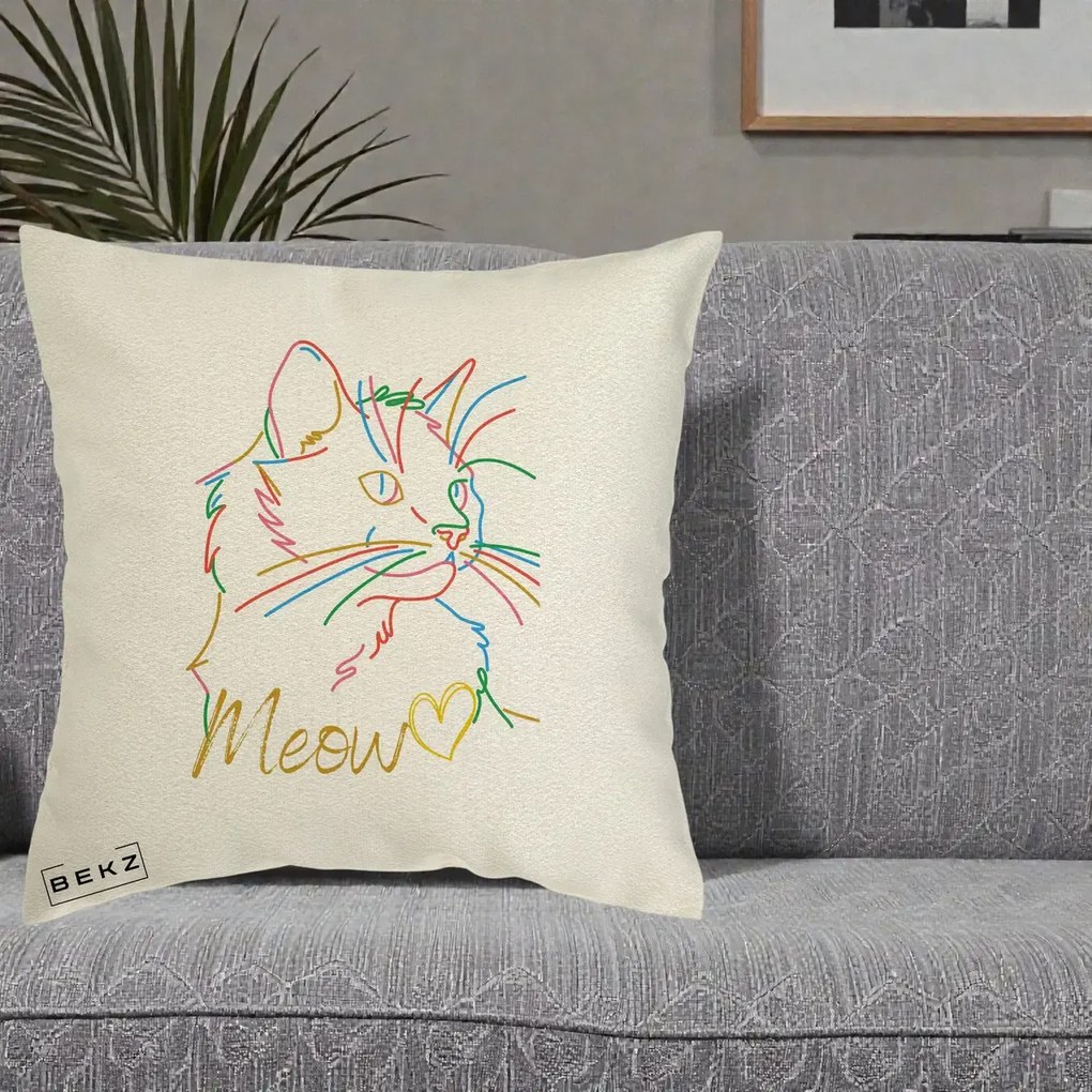 Perna Personalizata Pisica Meow Arta Linie Colorata, 40x40 cm, Ecru, Husa Detasabila, Perna Inclusa, BEKZ®