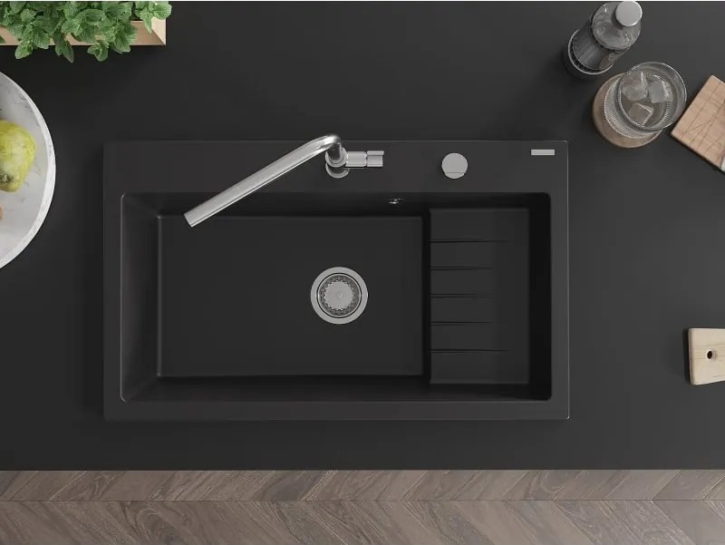 Mexen Omar chiuvetă granit cu 1 cuvă 800 x 480 mm, negru, sifon crom - 6520801005-77