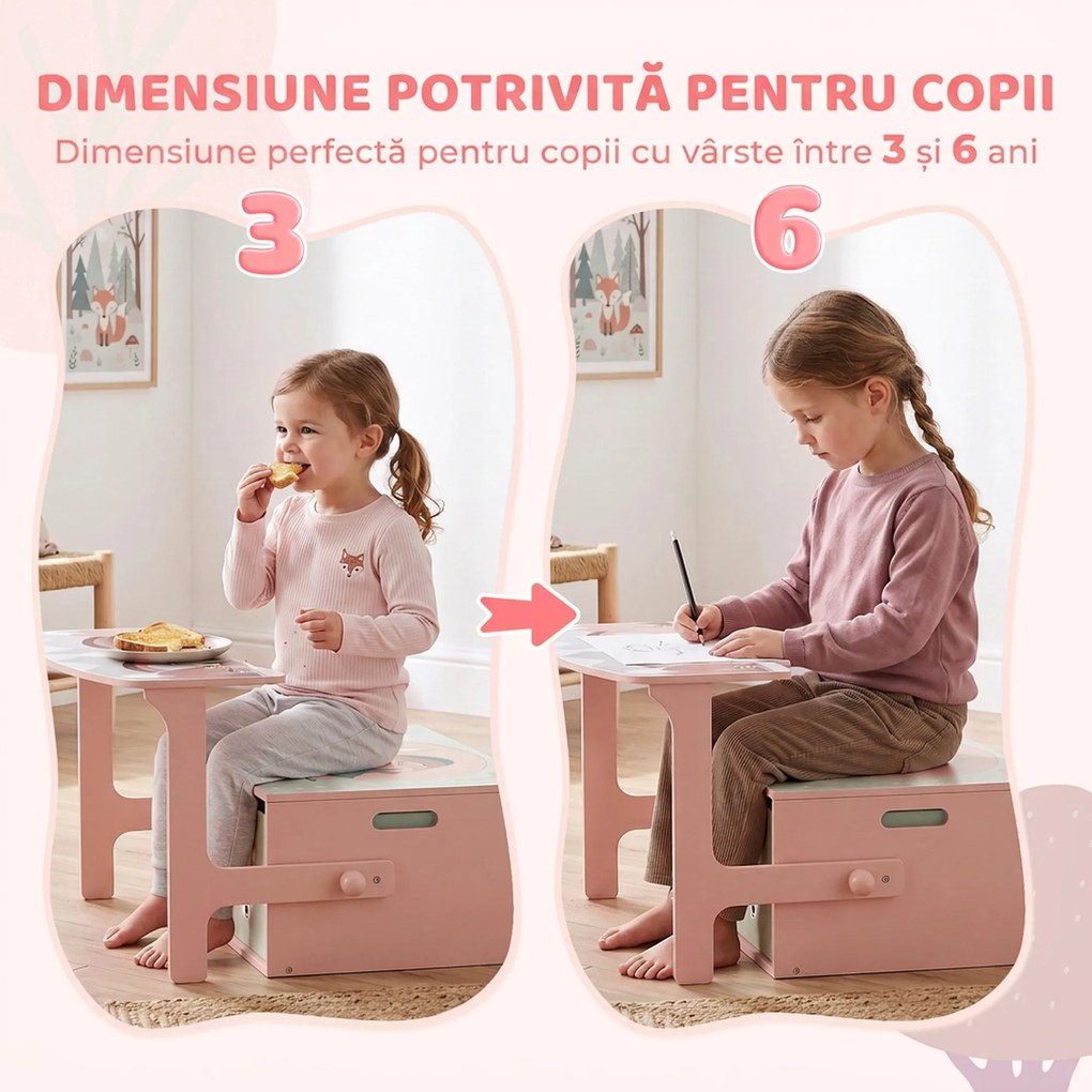 AIYAPLAY Bancă 3 în 1 pentru jucării copii, convertibilă în masă și scaun, cu 2 compartimente, imprimeu vulpiță, roz | Aosom Romania