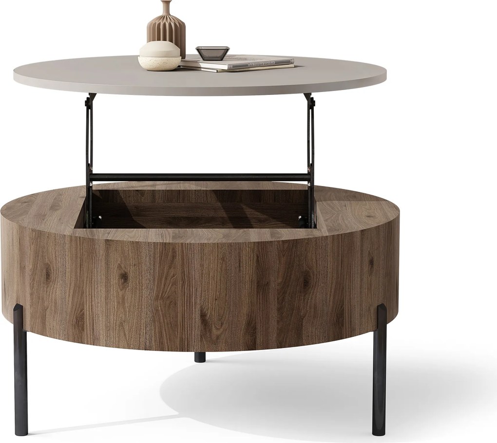 Mazzoni FRIDA Bej Taupe / Nuc Elegant – MĂSUȚĂ DE CAFEA MODERNĂ CU BLAT RABATABIL ȘI SPAȚIU DE DEPOZITARE