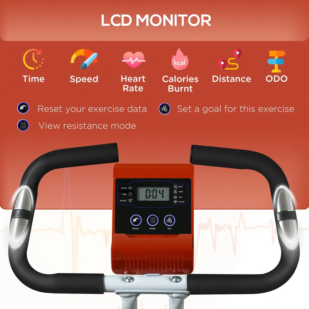 SPORTNOW Bicicletă Magnetică Pliabilă cu 8 Niveluri de Rezistență și Monitor LCD, 97x43x110 cm, Roșu | Aosom Romania